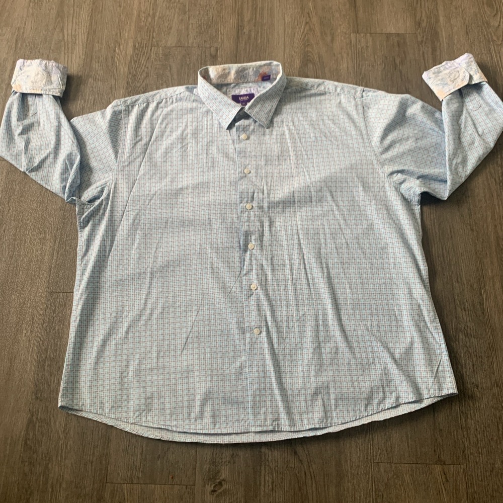 Talia Mens Flip Cuff Shirt XXL 18.5 Geometric Blue Paisley Cotton Dress Shirt